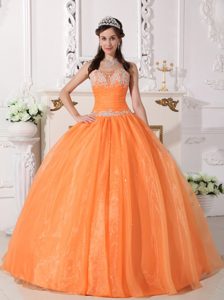 Orange Strapless Organza Sweet 16 Gown Dress with Appliques on Promotion