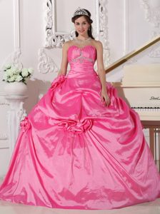Hot Pink Sweetheart Beaded Quinceanera Dresses with Pick-ups and Flowers