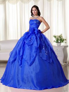 Sky Blue Strapless Layered Organza Sweet 16 Dress with Beading and Flower