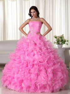 Rose Pink Strapless Organza Appliques Decorated Quinceanera Dress for Cheap