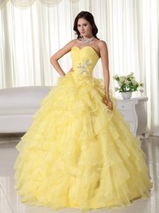 Light Yellow Sweetheart Organza Quinceanera Dress with Appliques for Cheap