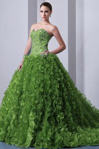 Olive Green A-line Sweetheart Beaded and Ruffled Quinceanea Dress for Girls