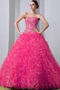 Hot Pink Sweetheart Brush Train Quinceanea Dress with Beading and Ruffles