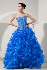 Blue A-line Sweetheart Organza Beaded Quinceanera Gown Dresses with Ruffles