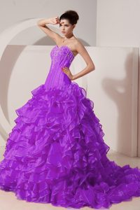 Purple Sweetheart Beaded Quinceanera Gown Dresses with Brush Train