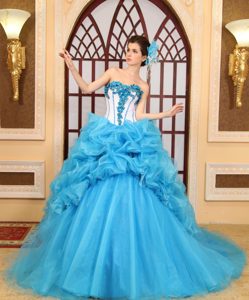 Fashionable Sweetheart Beaded Aqua Blue Chapel Train Quinceanera Gown Dress