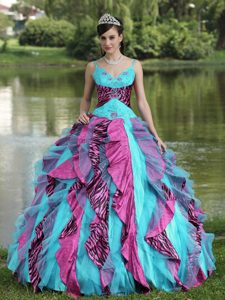 Organza Straps Colorful Quinceanera Dress with Ruffles and Beading in 2014