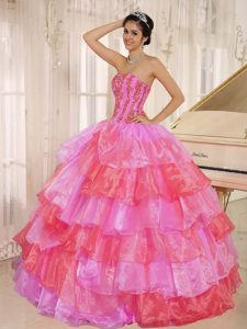 2013 Hot Pink and Red Quinceanera Dress with Ruffled Layers and Appliques