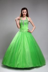 Beautiful Green Halter Top Tulle Quinceanera Dress with Beading on Promotion