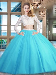 Sophisticated Scoop Baby Blue Long Sleeves Floor Length Beading and Lace Zipper 15th Birthday Dress
