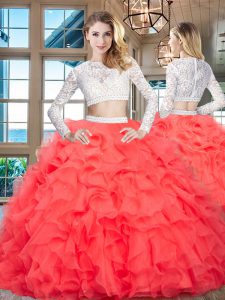 Scoop Red Long Sleeves Floor Length Beading and Lace and Ruffles Zipper Quinceanera Gown