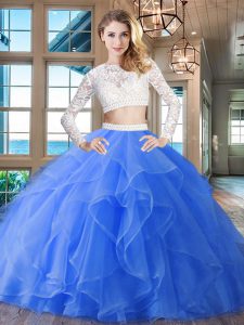 Hot Selling Scoop Long Sleeves Brush Train Beading and Lace and Ruffles Zipper Sweet 16 Dress