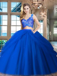Tulle V-neck Sleeveless Zipper Lace and Ruffled Layers Vestidos de Quinceanera in Royal Blue