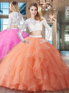 Hot Sale Scoop Long Sleeves Brush Train Zipper Beading and Lace and Ruffles Sweet 16 Quinceanera Dress