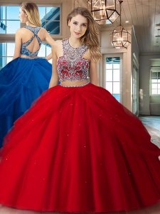 Custom Design Red Two Pieces Tulle Scoop Sleeveless Beading and Pick Ups Floor Length Criss Cross 15 Quinceanera Dress
