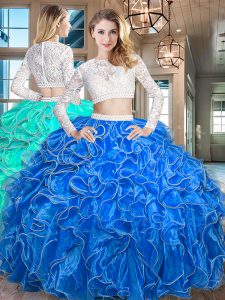 Organza Scoop Long Sleeves Zipper Beading and Lace and Ruffles Quinceanera Dresses in Royal Blue