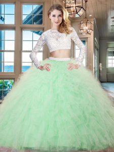 Delicate Scoop Long Sleeves 15 Quinceanera Dress Floor Length Beading and Lace and Ruffles Apple Green Tulle