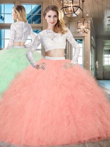 Deluxe Scoop Long Sleeves Beading and Lace and Ruffles Zipper Quinceanera Dress