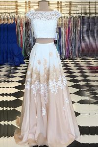 Cap Sleeves Floor Length Beading and Lace Backless Prom Gown with Champagne