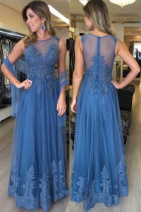 New Style Scoop Blue Sleeveless Floor Length Beading and Appliques Zipper Dress for Prom