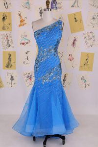 High Class Mermaid One Shoulder Blue Sleeveless Chiffon Zipper Prom Dress for Prom and Party
