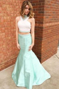 Attractive Apple Green Mermaid Satin Halter Top Sleeveless Beading and Lace Floor Length Zipper Prom Dresses