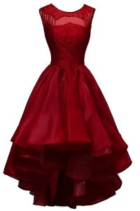Beauteous Wine Red Sleeveless Beading High Low Dress for Prom
