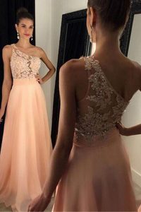 Dramatic One Shoulder Beading and Lace Peach Side Zipper Sleeveless Sweep Train