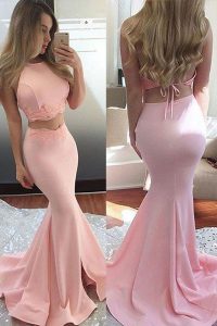 Glorious Scoop Pink Mermaid Lace Prom Dresses Backless Elastic Woven Satin Sleeveless With Train