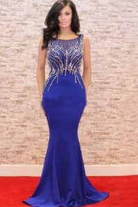 Beauteous Mermaid Scoop Zipper Dress for Prom Royal Blue for Prom and Party with Beading and Appliques Sweep Train
