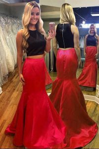 Mermaid Prom Dresses Red And Black Scoop Satin Sleeveless Floor Length Zipper
