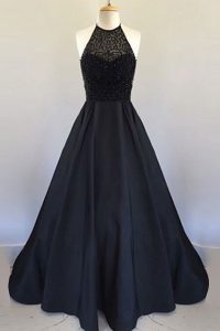 Dazzling Halter Top Black Sleeveless Beading and Pleated Floor Length Prom Dresses