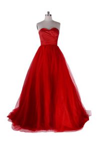 Colorful Red Zipper Mother Of The Bride Dress Ruching Sleeveless With Train Sweep Train