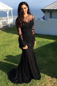 Black Mermaid Scoop Long Sleeves Tulle Sweep Train Zipper Beading and Lace Prom Dress