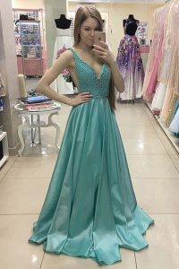 Satin Sleeveless With Train Prom Evening Gown Sweep Train and Beading