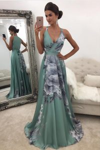 Chiffon and Printed V-neck Sleeveless Sweep Train Zipper Pattern Prom Dresses in Green