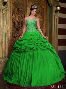 Spring Green Sweetheart Appliqued Quinceanera Dresses with Pick-ups