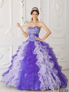 New Sweetheart Purple and White Organza Zebra Quinceanera Dress with Ruffles
