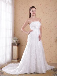 White Strapless Organza and Satin Beaded Wedding Dresses with Court Train