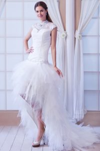 High-neck High-low White Wedding Dress with Ruffles and Beading for Cheap