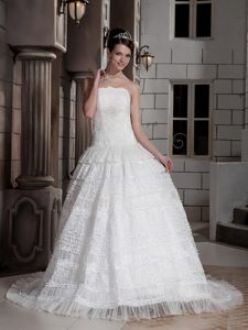 Custom Made Strapless Court Train Special Fabric Wedding Dress with Layers