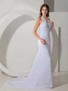 Halter-top Dress for Wedding with Appliques and Court Train