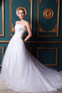 Beautiful A-line Strapless Beaded Organza Wedding Dress with Chapel Train