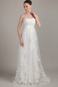 White Cheap Strapless Brush Train Wedding Dresses with Appliques