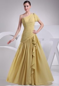 Yellow One Shoulder Asymmetric Ruched Pretty Wedding Guest Gowns