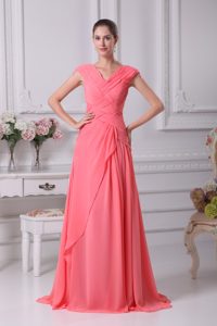 Watermelon Red Ruched V-neck Wedding Guest Dress with Cap Sleeves