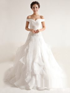Off the Shoulder White Organza Zipper Wedding Dresses Sleeveless With Train Court Train Beading and Ruffles