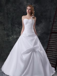 Suitable Pick Ups Brush Train A-line Wedding Gowns White One Shoulder Taffeta Sleeveless With Train Lace Up
