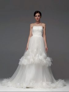 Spectacular Ruffled Strapless Sleeveless Brush Train Lace Up Wedding Gown White Tulle