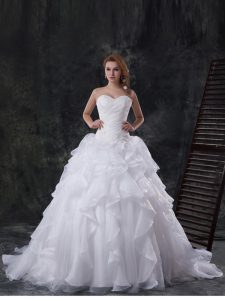 Comfortable White Sleeveless Brush Train Beading and Appliques and Ruffles With Train Wedding Gowns
